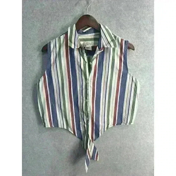 90s Striped Vintage Talbots Button Up Shirt Crop Top Sleeveless Tie Front Sz L - Picture 2 of 8
